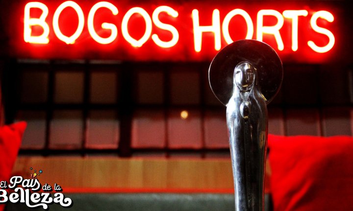 Letrero de Bogoshorts en Neón con la estatuilla del premio principal: La Santa Lucía